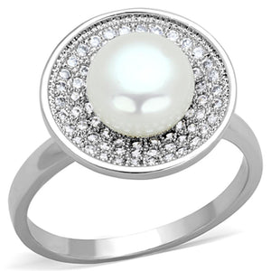 3W755 - Rhodium Brass Ring with Synthetic Pearl in White