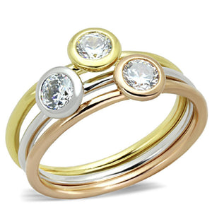 3W804 - Rhodium + Gold + Rose Gold Brass Ring with AAA Grade CZ  in Clear