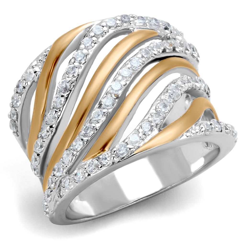 3W857 - Rose Gold + Rhodium Brass Ring with AAA Grade CZ  in Clear
