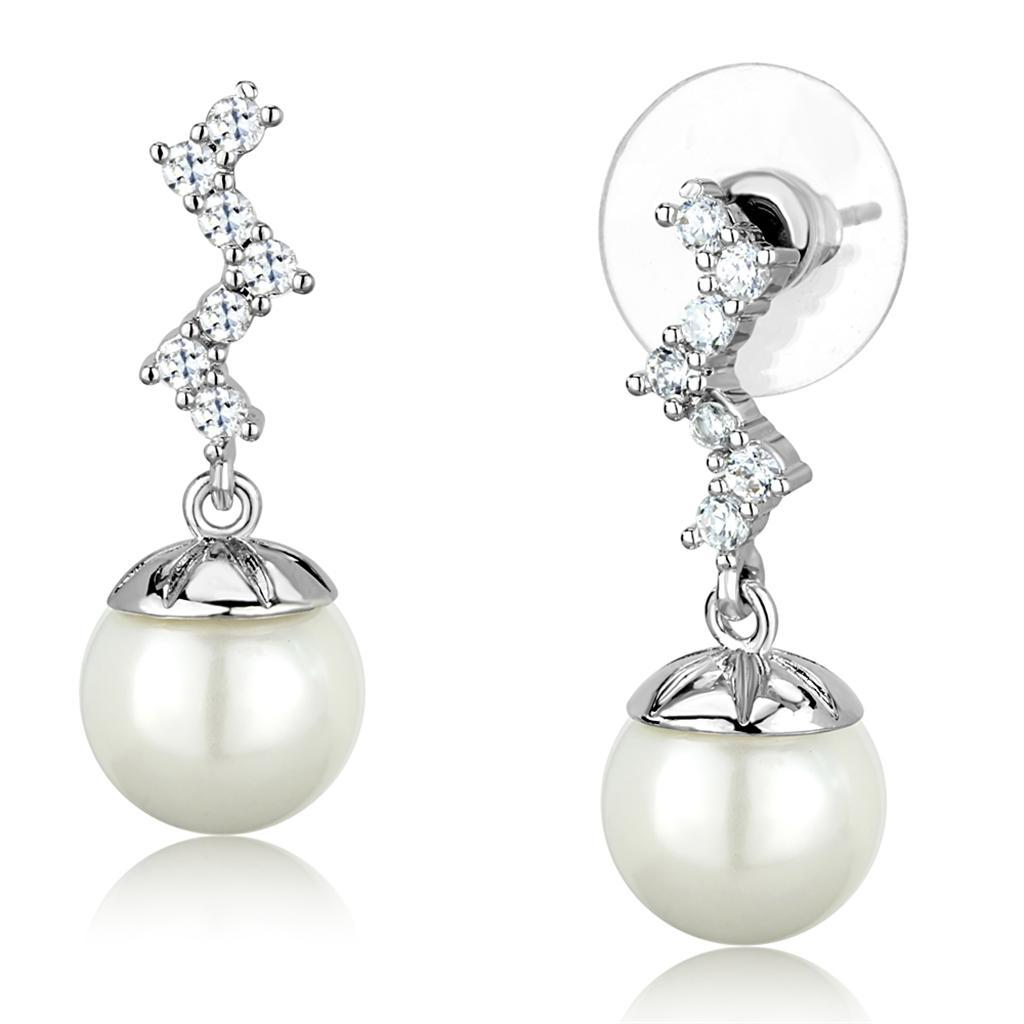 3W894 - Rhodium Brass Earrings with Synthetic Pearl in White