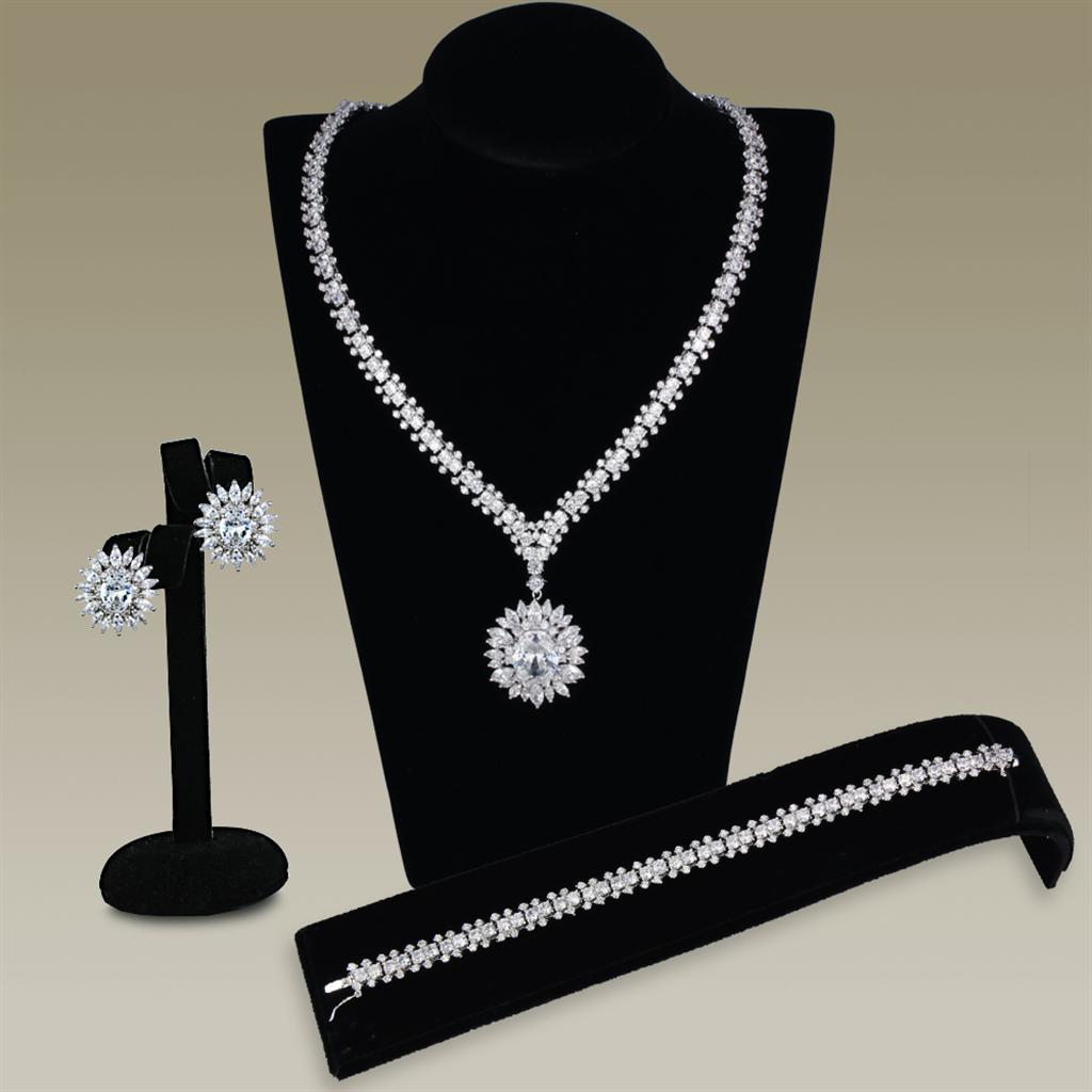 3W927 - Rhodium Brass Jewelry Sets with AAA Grade CZ  in Clear