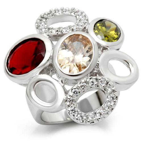 6X021 - Rhodium Brass Ring with AAA Grade CZ  in Multi Color