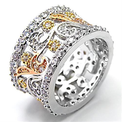 7X089 - Tricolor Brass Ring with AAA Grade CZ  in Clear