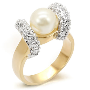 7X114 - Gold+Rhodium Brass Ring with Synthetic Pearl in White