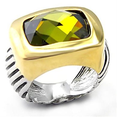 7X127 - Reverse Two-Tone Brass Ring with AAA Grade CZ  in Olivine color