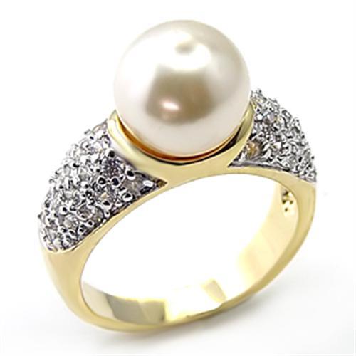 7X203 - Gold+Rhodium 925 Sterling Silver Ring with Synthetic Pearl in White