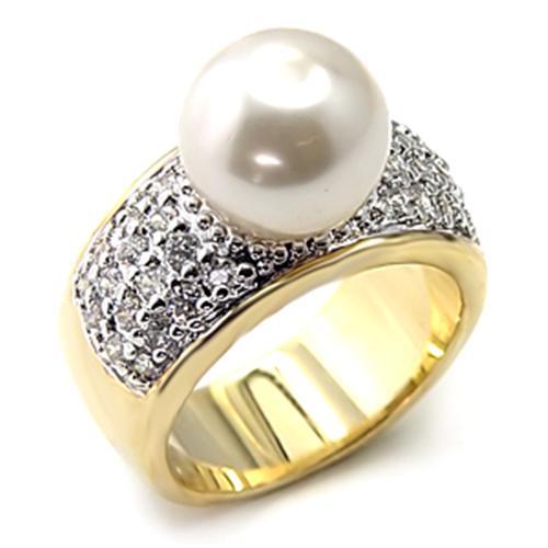 7X209 - Gold+Rhodium 925 Sterling Silver Ring with Synthetic Pearl in White