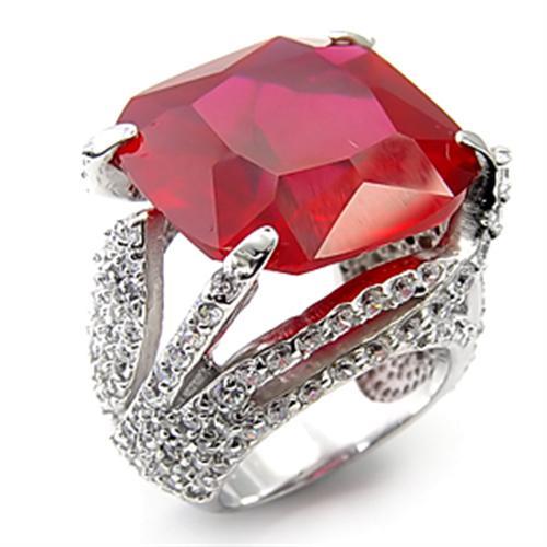 7X251 - Rhodium 925 Sterling Silver Ring with Synthetic Garnet in Ruby