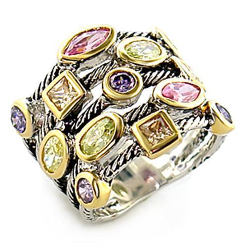 8X049 - Reverse Two-Tone Brass Ring with AAA Grade CZ  in Multi Color