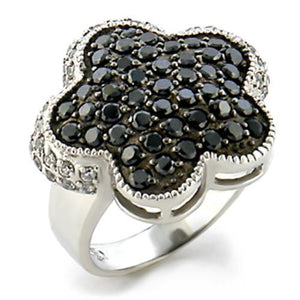 9W099 - Rhodium + Ruthenium Brass Ring with AAA Grade CZ  in Jet