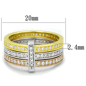 LOS811 - Rhodium + Gold + Rose Gold 925 Sterling Silver Ring with AAA Grade CZ  in Clear