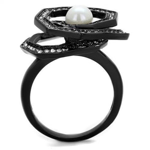 TK1861 - IP Black(Ion Plating) Stainless Steel Ring with Synthetic Pearl in White
