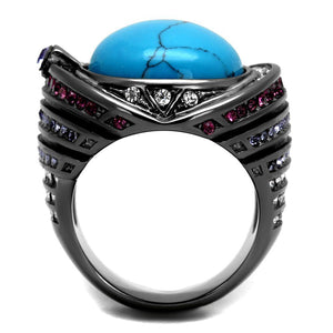 TK2983 - IP Light Black  (IP Gun) Stainless Steel Ring with Synthetic Turquoise in Sea Blue