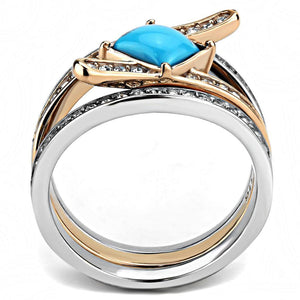 TK3519 - Two-Tone IP Rose Gold Stainless Steel Ring with Synthetic Turquoise in Sea Blue