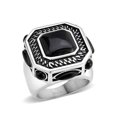 TK3901 - High polished (no plating) Stainless Steel Ring with Synthetic in Jet