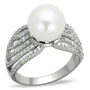 TS169 - Rhodium 925 Sterling Silver Ring with Synthetic Pearl in White