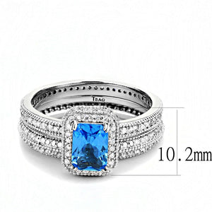 TS615 - Rhodium 925 Sterling Silver Ring with Synthetic Synthetic Glass in Sea Blue