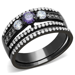 DA001 - IP Black(Ion Plating) Stainless Steel Ring with AAA Grade CZ  in Amethyst