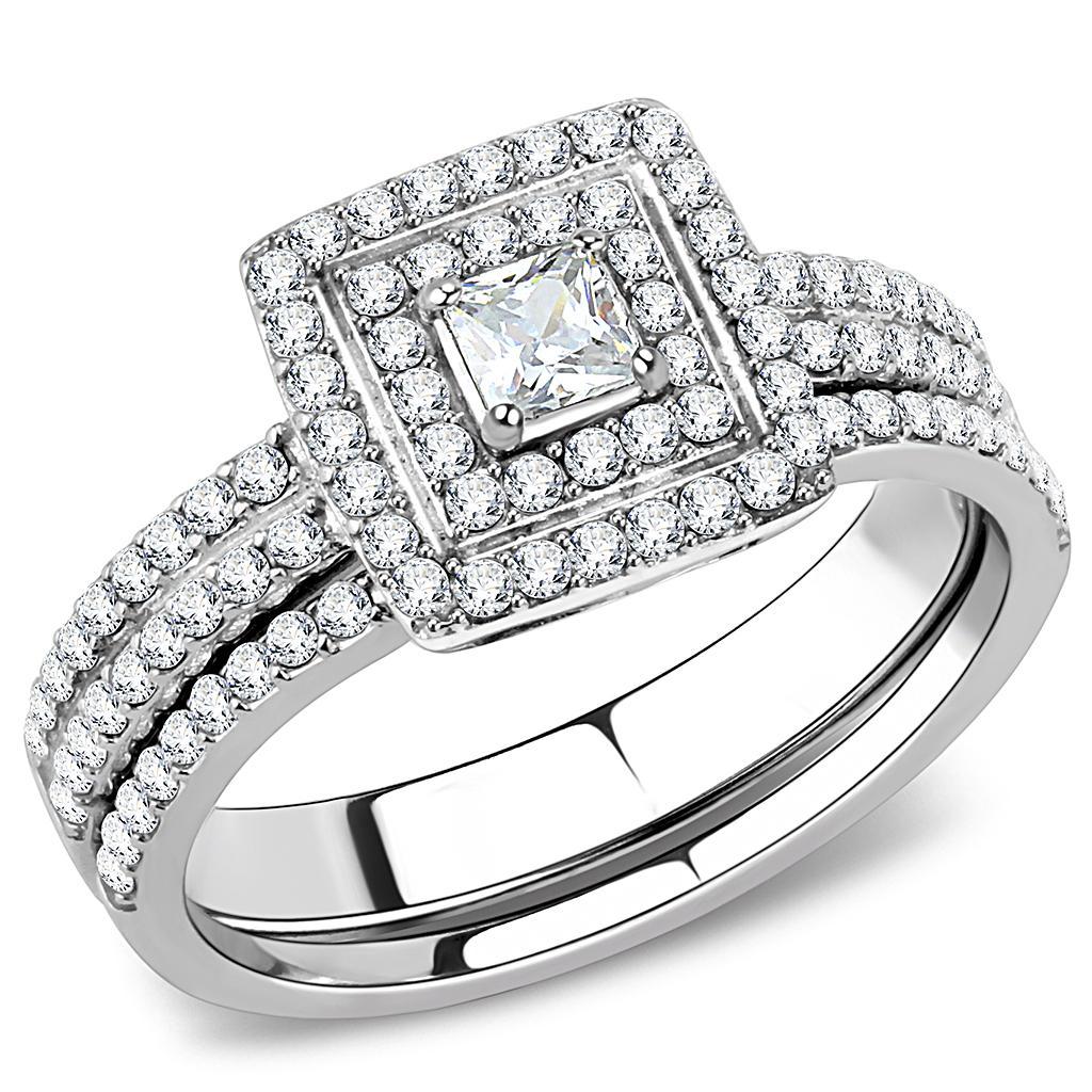 DA064 - High polished (no plating) Stainless Steel Ring with AAA Grade CZ  in Clear