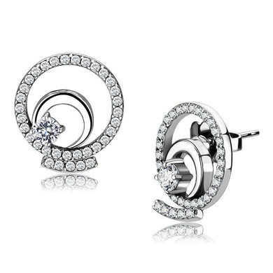 DA069 - High polished (no plating) Stainless Steel Earrings with AAA Grade CZ  in Clear