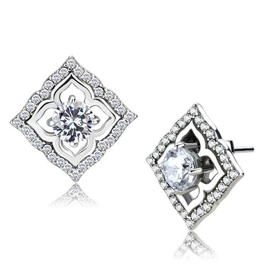 DA073 - High polished (no plating) Stainless Steel Earrings with AAA Grade CZ  in Clear