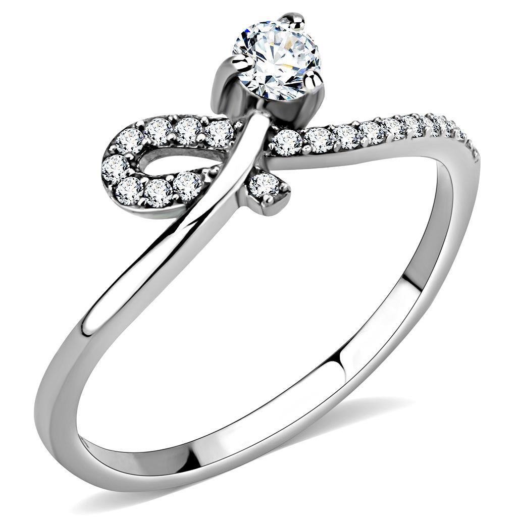 DA142 - High polished (no plating) Stainless Steel Ring with AAA Grade CZ  in Clear