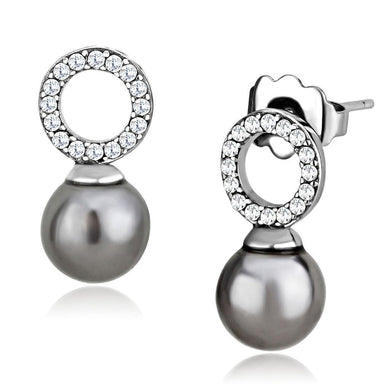 DA221 - High polished (no plating) Stainless Steel Earrings with Synthetic Pearl in Gray