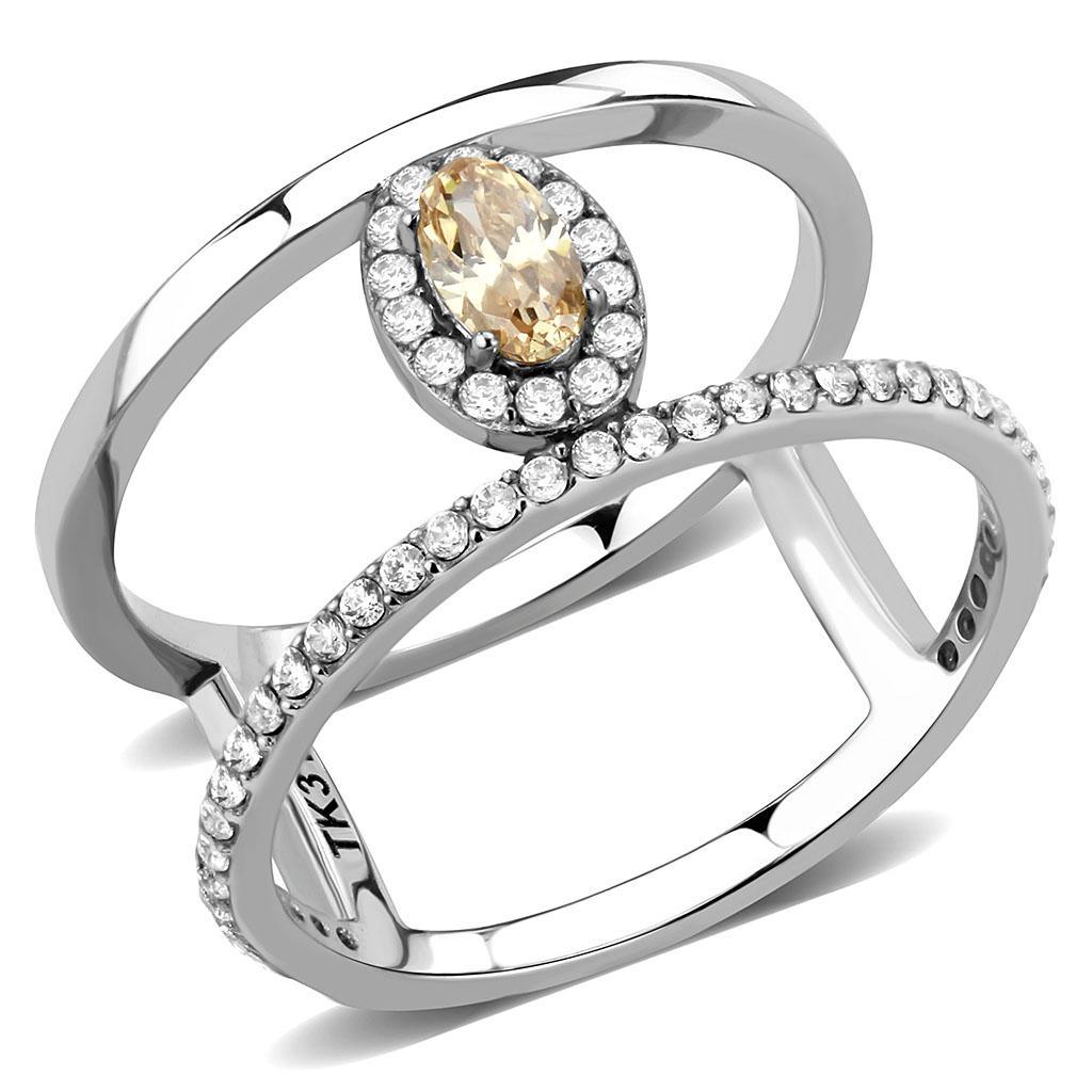 DA352 - High polished (no plating) Stainless Steel Ring with AAA Grade CZ  in Champagne