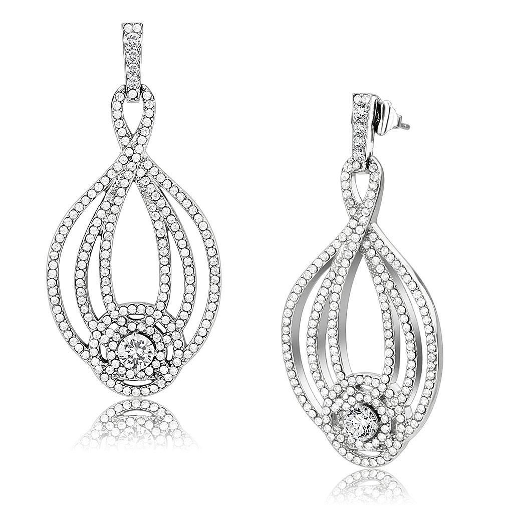 DA374 - High polished (no plating) Stainless Steel Earrings with AAA Grade CZ  in Clear