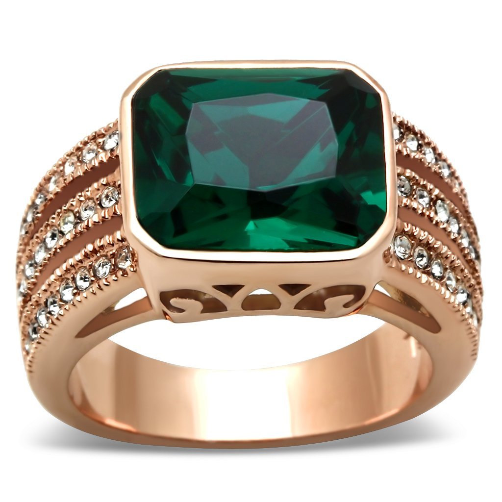 GL240 - IP Rose Gold(Ion Plating) Brass Ring with Synthetic Synthetic Glass in Blue Zircon