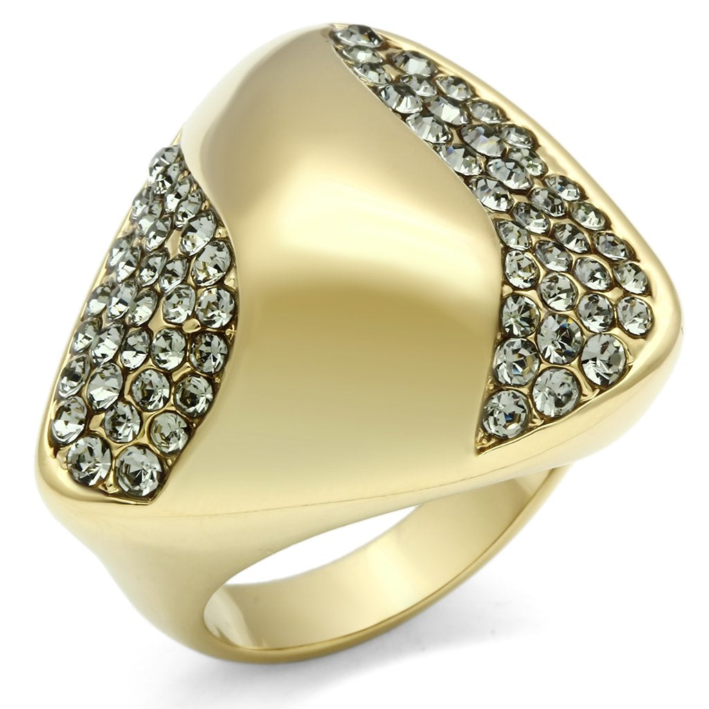 GL311 - IP Gold(Ion Plating) Brass Ring with Top Grade Crystal  in Black Diamond