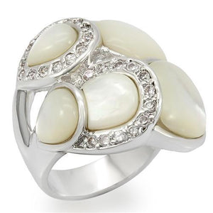 LO1044 - Rhodium Brass Ring with Precious Stone Conch in White