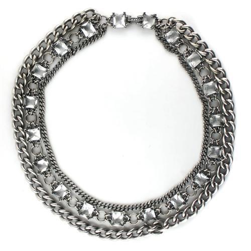 LO1137 - Antique Silver Brass Necklace with Synthetic Synthetic Glass in Clear