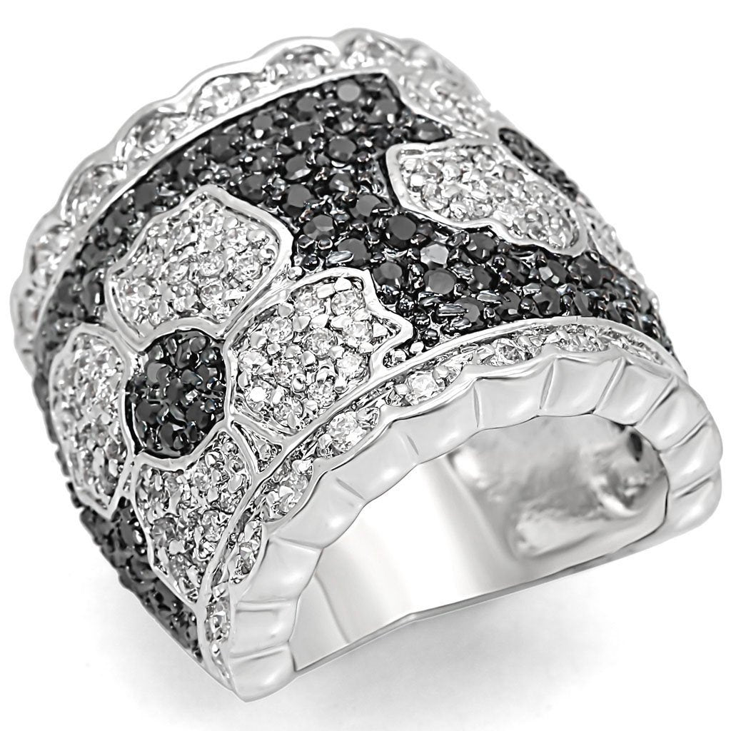 LO1346 - Rhodium + Ruthenium Brass Ring with AAA Grade CZ  in Clear