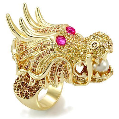 LO1477 - Imitation Gold Brass Ring with Synthetic Glass Bead in White