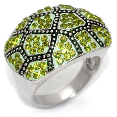LO1519 - Rhodium Brass Ring with Top Grade Crystal  in Olivine color