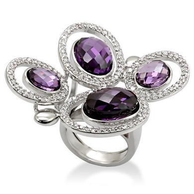 LO1557 - Rhodium Brass Ring with AAA Grade CZ  in Amethyst