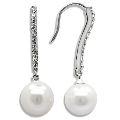 LO1565 - Rhodium Brass Earrings with Synthetic Pearl in White