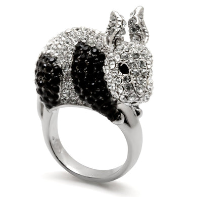 LO1731 - Rhodium + Ruthenium Brass Ring with Top Grade Crystal  in Jet