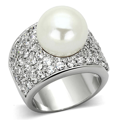 LO2951 - Rhodium Brass Ring with Synthetic Pearl in White