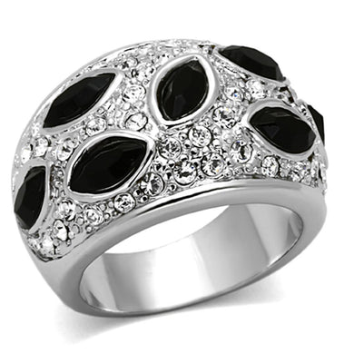 LO2957 - Rhodium Brass Ring with Synthetic Cat Eye in Jet