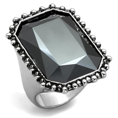 LO3532 - Rhodium Brass Ring with Top Grade Crystal  in Hematite