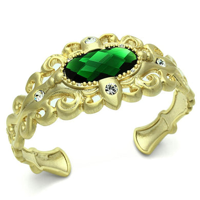 LO3666 - Gold & Brush Brass Bangle with Synthetic Synthetic Glass in Emerald