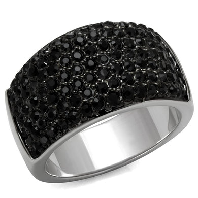 LO4086 - Rhodium+Hematite Brass Ring with Top Grade Crystal  in Jet