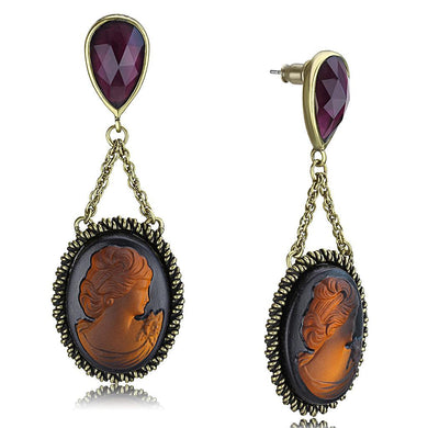 LO4182 - Antique Copper Brass Earrings with Synthetic Synthetic Stone in Smoked Quartz