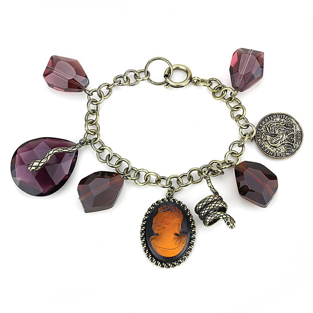 LO4223 - Antique Copper Brass Bracelet with Synthetic Synthetic Glass in Amethyst