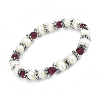 LO4654 - Antique Silver White Metal Bracelet with Synthetic Pearl in Fuchsia