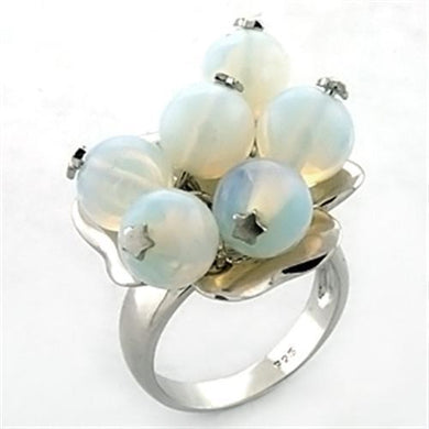 LOA645 - Rhodium 925 Sterling Silver Ring with Synthetic Glass Bead in White
