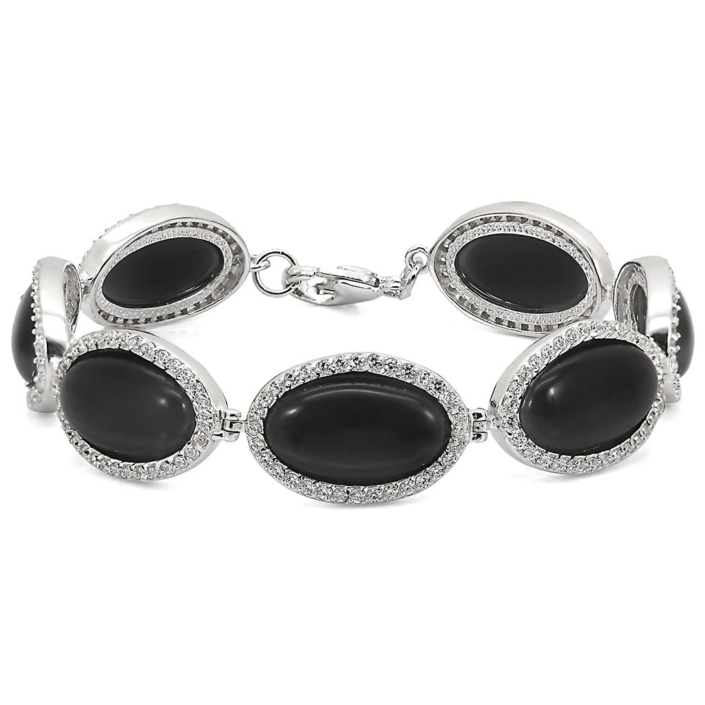 LOS330 - Rhodium 925 Sterling Silver Bracelet with Synthetic Cat Eye in Jet