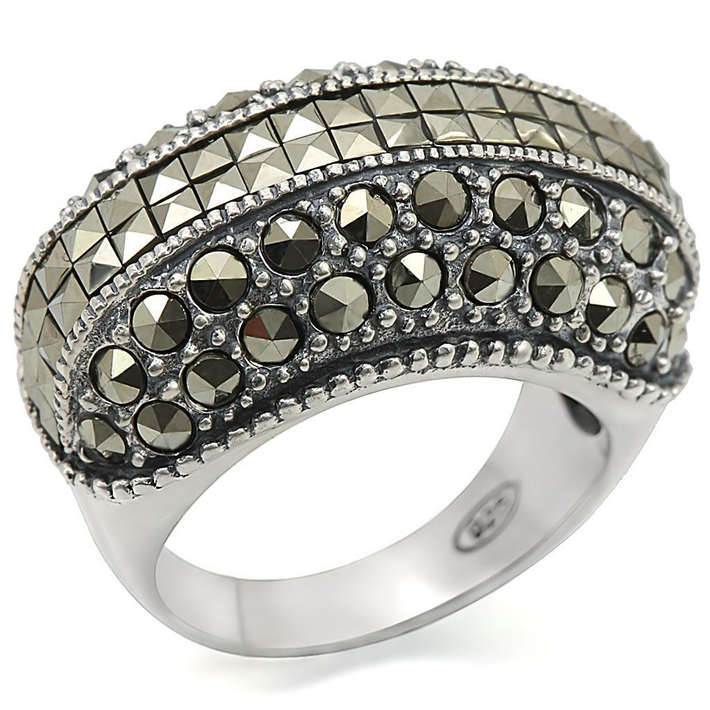 LOS466 - Antique Tone 925 Sterling Silver Ring with Synthetic Marcasite in Black Diamond